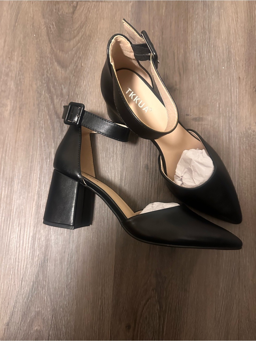 Black Pointed Block Heel Pump with Ankle Strap size 9.5
